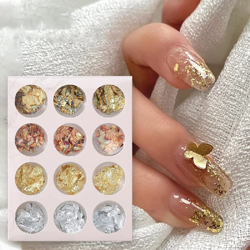 S.A.V.I 12 Jars Set, Silver, Gold, Rose Gold, Nail Art Foils Set, Designs DIY Manicure, Nail Accessories for Decoration
