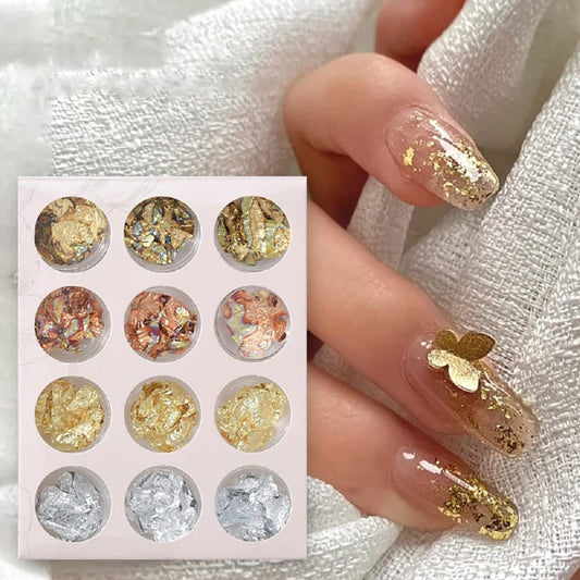 S.A.V.I 12 Jars Set, Silver, Gold, Rose Gold, Nail Art Foils Set, Designs DIY Manicure, Nail Accessories for Decoration
