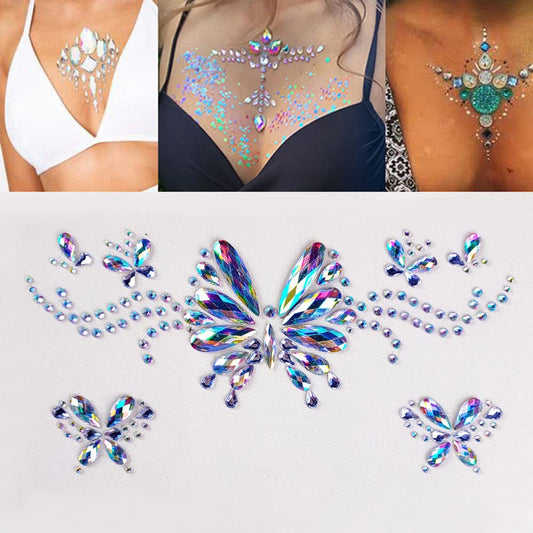 S.A.V.I 3D Body Jewels, Butterfly Jewelry Rhinestone, Chest Crystal Sticker, Tattoo for Women Girls Weddings Events Disco Club Party