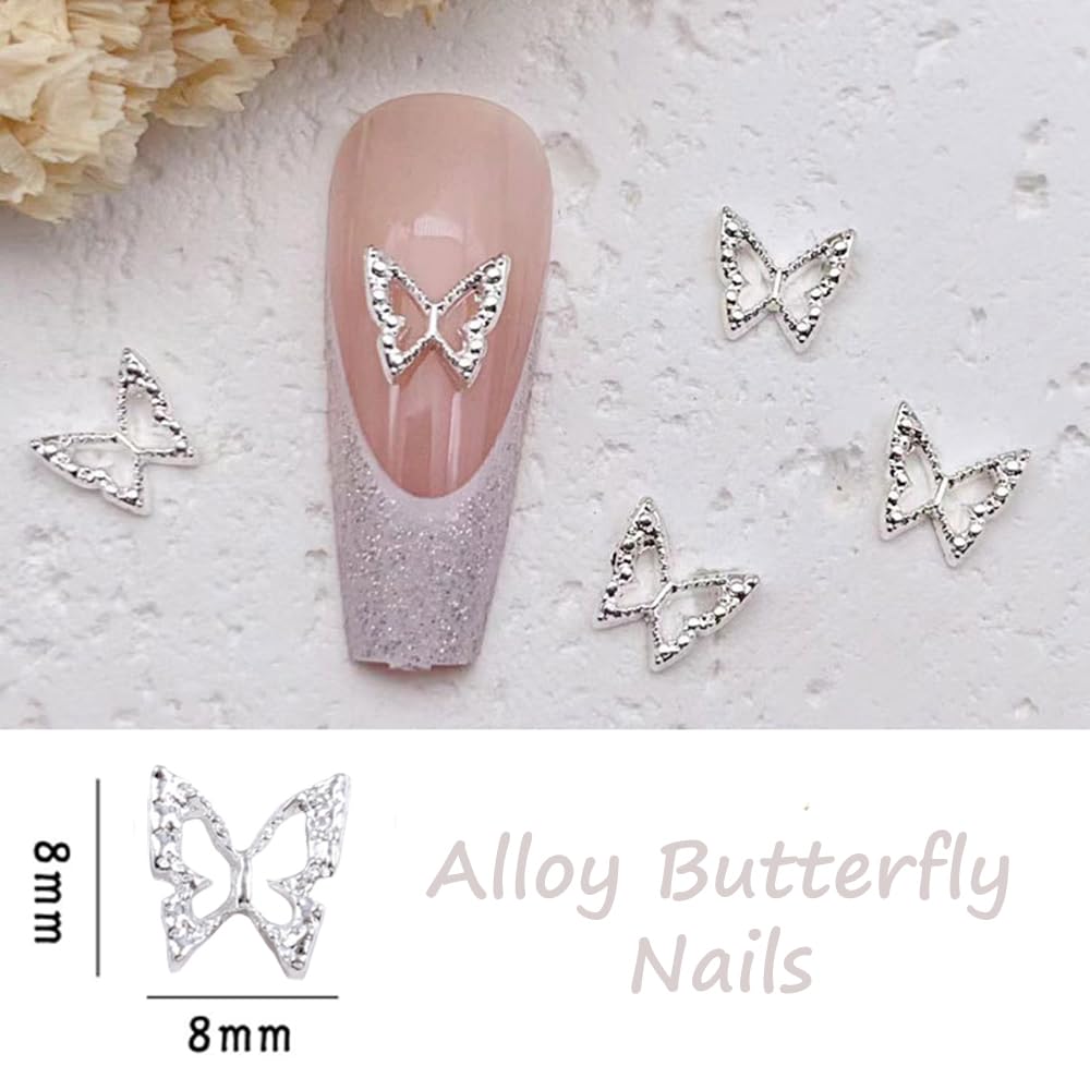 S.A.V.I 3D Butterfly Nail Art Charms (20 Pcs) – Silver Alloy Metal Nail Decorations | 8mm DIY Nail Accessories for Women & Girls | Manicure Art Kit for Stylish, Elegant Nail Designs