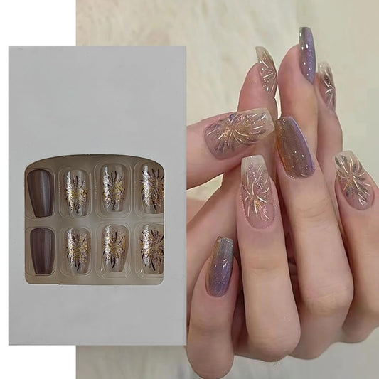 S.A.V.I 24 PCs Reusable Medium Coffin Shape Purple and Nude Fireworks Cat Eye Press-on Fake Nails | DIY Manicure | Long-Lasting, Easy to Apply  Remove | Stylish Nail Art for All Occasions