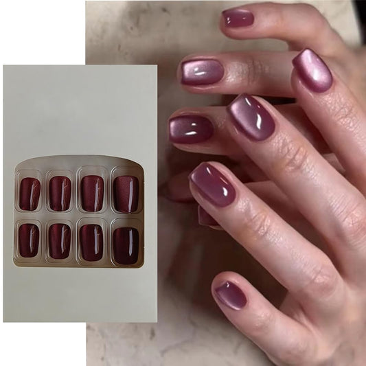 S.A.V.I 24 Pcs Cat's Eye Burgundy False Nails | Short Coffin Shape | Natural-Looking Reusable Press-On Nails | Easy DIY Manicure Kit for Women | Comfortable  Stylish Fake Nail Set