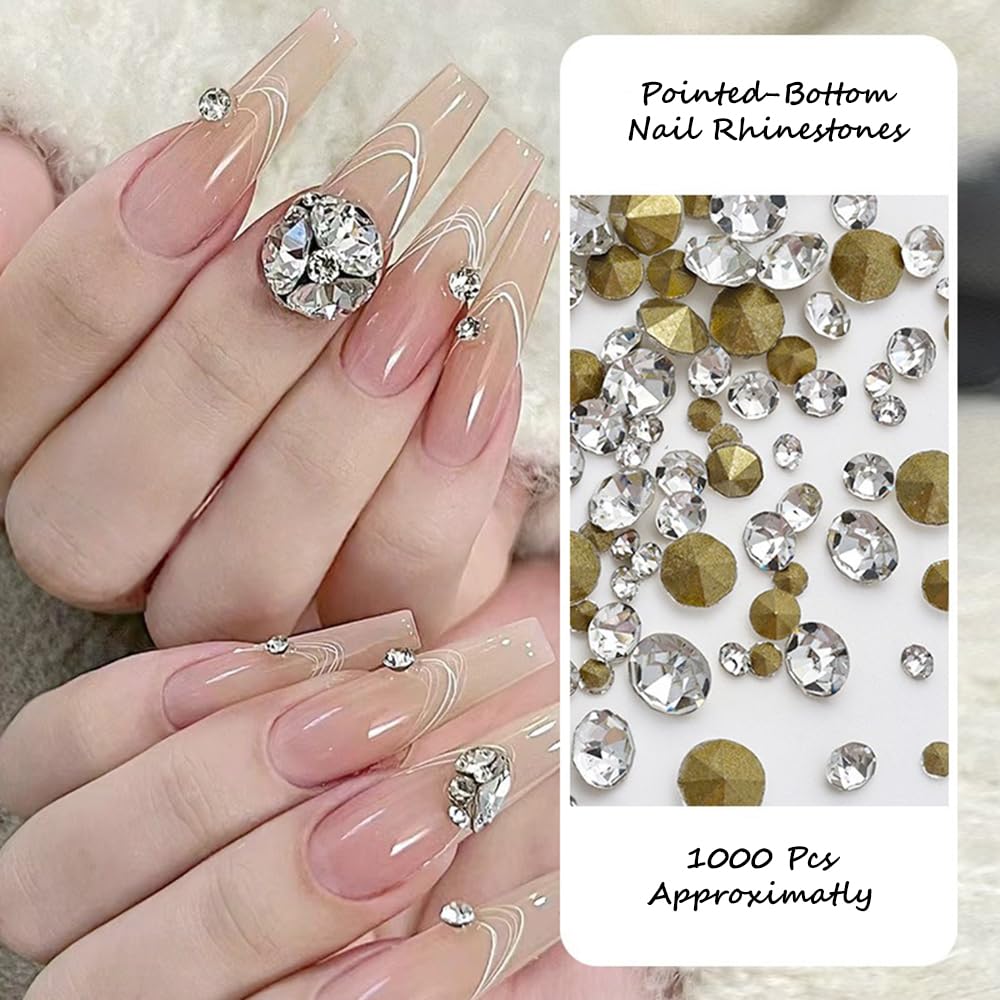 S.A.V.I 1000pcs White Crystal Nail Rhinestones | Pointed-Back Glass Stones in 6 Sizes | 3D Nail Art Decoration Gems for DIY Manicure, Acrylic Nails & Salon Use