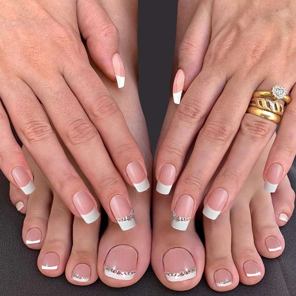 S.A.V.I 48 Pcs French Tip Fake Nails for Hands & Feet | Nude Pink White Press On Nails with Rhinestones | Medium Square Shape | Reusable Nail Art Kit for Women & Girls | Manicure Set