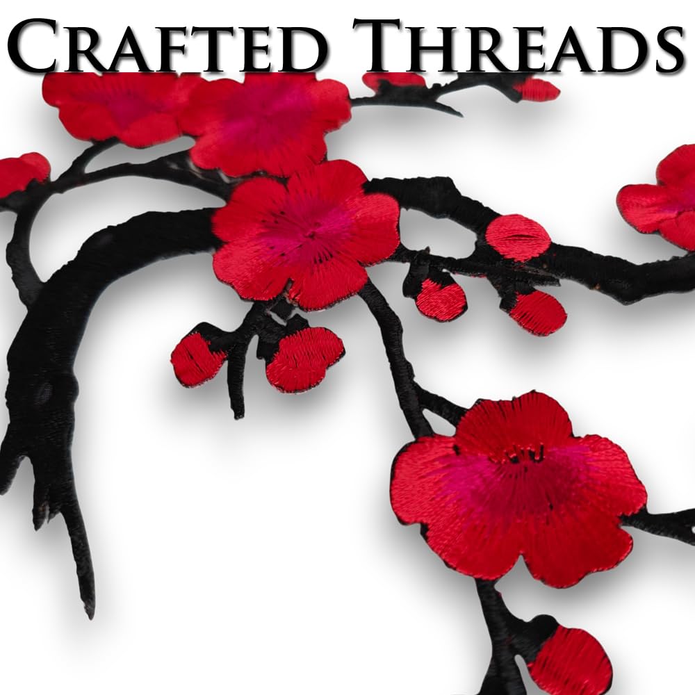 S.A.V.I 3D Red Cherry Blossom Embroidered Iron-On Patch for Clothes | Floral Applique for Sarees, Kurtis, Jackets & DIY | 7x6.1 inch | Heat Press Pre-Glued Fabric Patch for Decoration & Repair