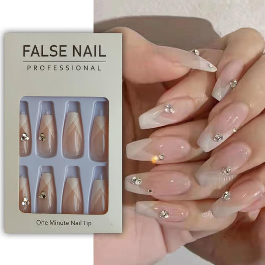 S.A.V.I 24-Pcs Long Coffin Nails – Nude French Manicure with Rhinestones – Press-on, Reusable + Glue  Tape