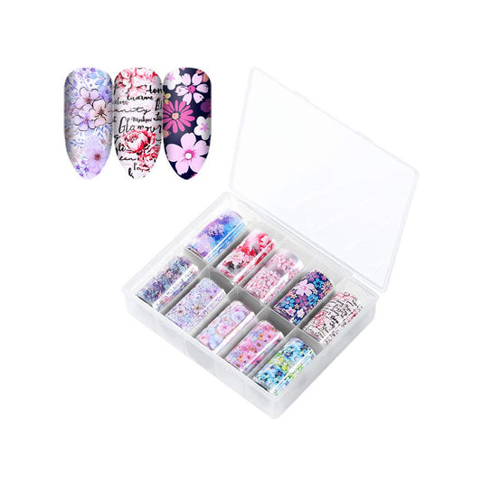 S.A.V.I 10 Rolls Nail Foil Transfer Multicolored Flowers Text Patterns Sticker DIY Holographic Nail Decoration
