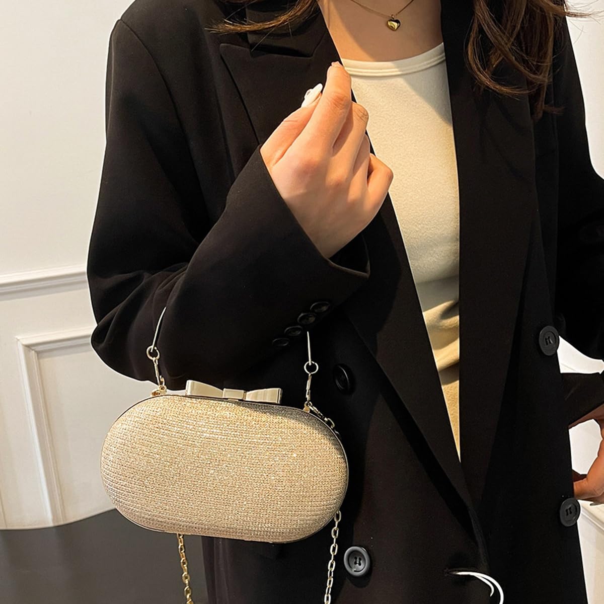 S.A.V.I Women’s Gold Glitter Clutch Bag – Oval Hard Case Evening Purse with Chain & Bow Design, Party & Wedding Handbag (Gold)