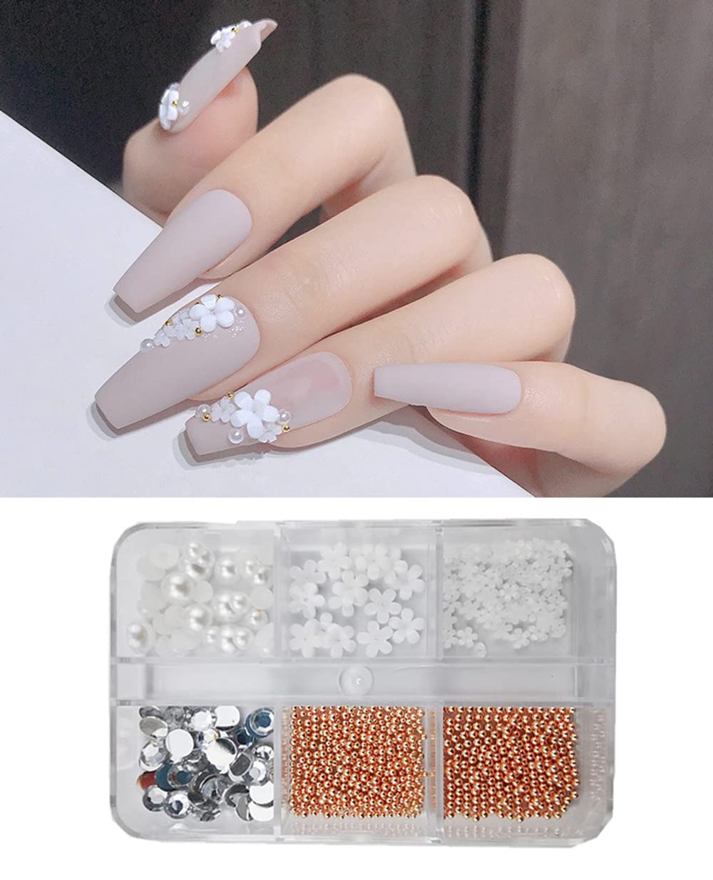 S.A.V.I DIY Nail Art Decorations 6 Grid Palette Resin Five Petal White Flowers, Rose Gold Caviar Steel Beads, White Pearls, Flatback Clear Crystals Rhinestone
