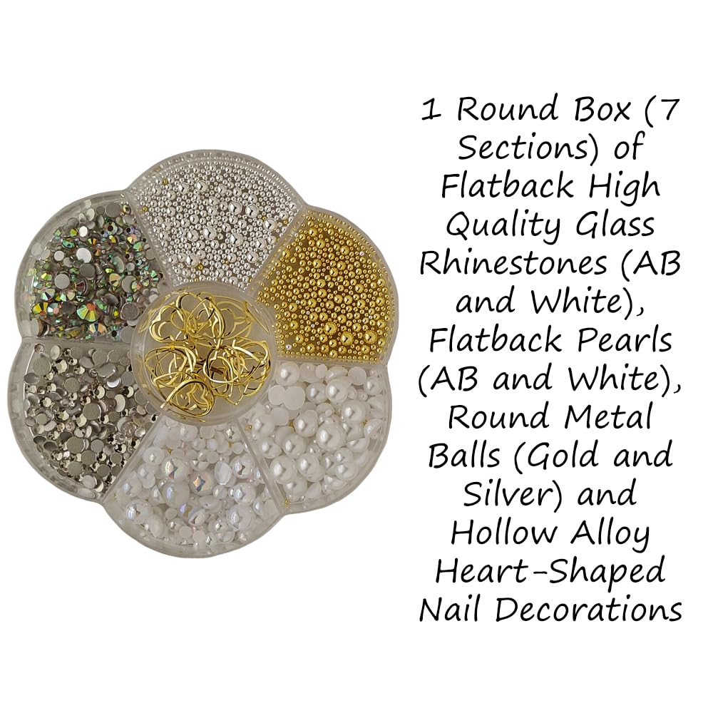 S.A.V.I 7-Section Nail Art Decoration Box – Gold/Silver Metal Balls, AB & White Pearls, Glass Rhinestones, Alloy Heart Charms – 8.3 cm, 44g, DIY Manicure & Nail Art Accessories Kit