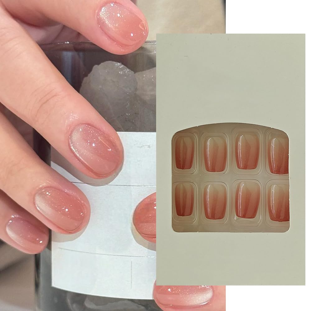 S.A.V.I 24 Pcs Reusable Cat Eye Nude & Blush Gradient Fake Nails | Short Square Press On Nails Kit with Glue & Adhesive Tabs | Glossy Finish DIY Nail Art for Women & Girls