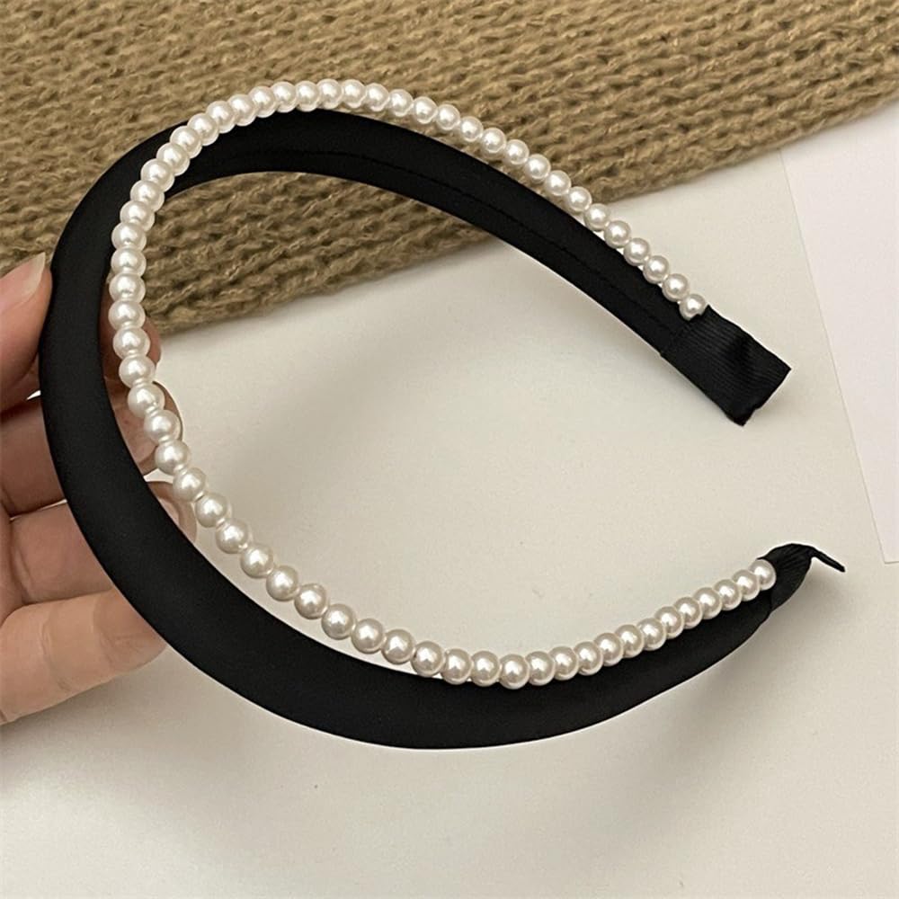 S.A.V.I Women's Black Velvet Hairband with Faux Pearls | Wide Padded Headband for Girls & Women | Elegant Hair Accessory for Wedding, Party & Daily | Comfortable & Stylish Look