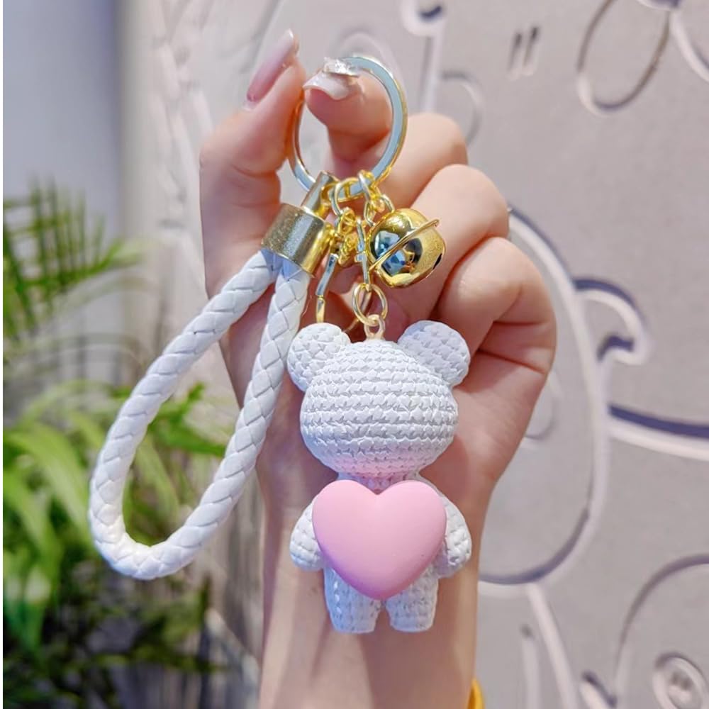 S.A.V.I Cute White Bear Keychain with Pink Heart Charm | Resin Teddy Pendant (6.2cm) | Braided PU Leather Wrist Strap & Gold Ring | Stylish Key Holder for Girls, Women & Accessories (White)