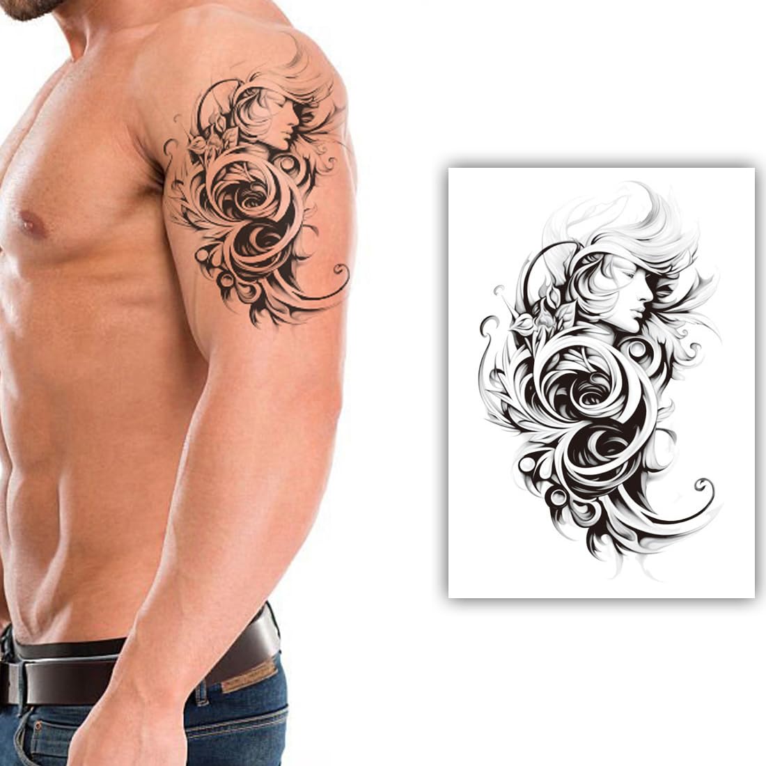 S.A.V.I Black Floral Swirl Goddess Arm Sleeve Temporary Tattoo Sticker | Large 21x11 cm Waterproof Sweatproof Skin-Safe Non-Toxic Removable Body Art for Men & Women | 1 Pc Festival Party Cosplay