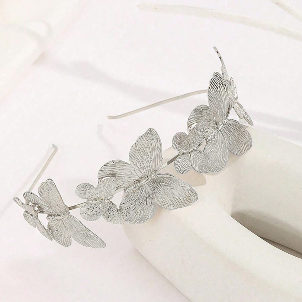 S.A.V.I Silver Butterfly Hairband for Women & Girls | Lightweight Metal Headband with 3D Textured Design | Stylish Party, Wedding & Festive Hair Accessory (14.5cm) (Silver, Onesize)