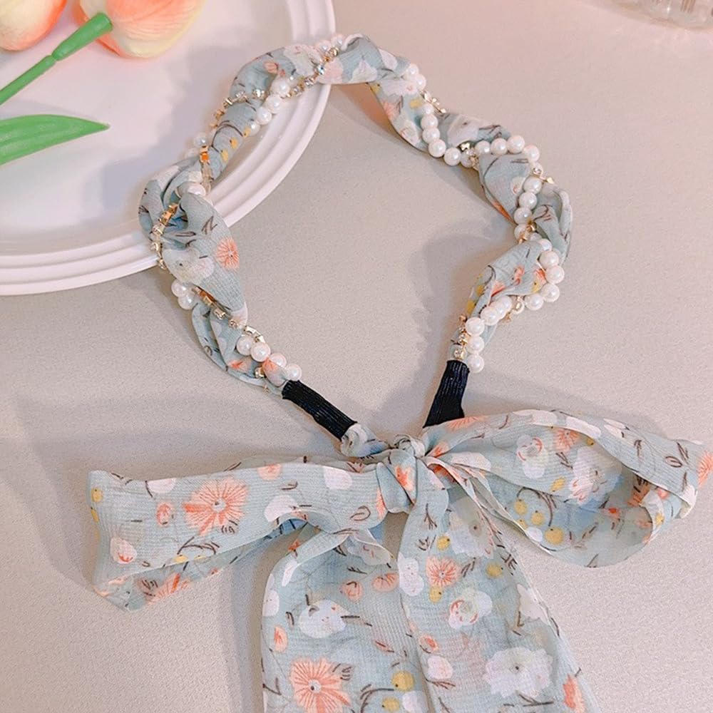 S.A.V.I Floral Light Green Headband for Women & Girls – Soft Fabric Hairband with Pearls & Bow Knot – Handmade Stylish Hair Accessory for Casual, Party & Ethnic (59cm)