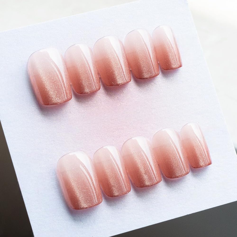 S.A.V.I 24 Pcs Reusable Cat Eye Nude & Blush Gradient Fake Nails | Short Square Press On Nails Kit with Glue & Adhesive Tabs | Glossy Finish DIY Nail Art for Women & Girls