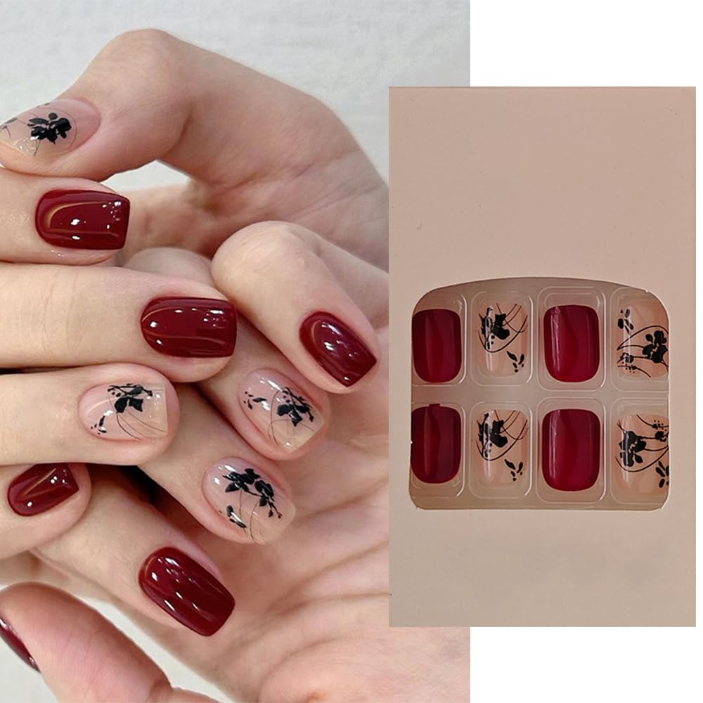 S.A.V.I 24 Pcs Wine & Nude Short Press On Nails with Black Floral Design | Natural Look Reusable Fake Nail Tips for Women & Girls | With Glue & Adhesive Tabs | Nail Art Kit