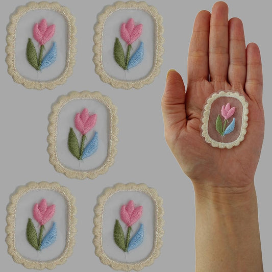 S.A.V.I Pink Heart  Flower Oval Embroidered Appliqué Patches - Set of 5 DIY, Non-Adhesive for All Fabrics - Dresses, Blouses, Scarves, Hats, Bags, Jackets, Vests, Skirts, T-Shirts, Sweaters, Tank Tops