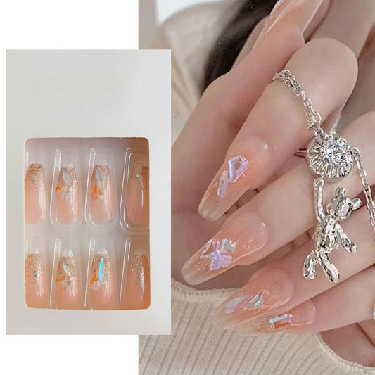 S.A.V.I 24 PCs Crystal Nude Press-On Nails - Big, Elegant Fake Manicure Nails Set