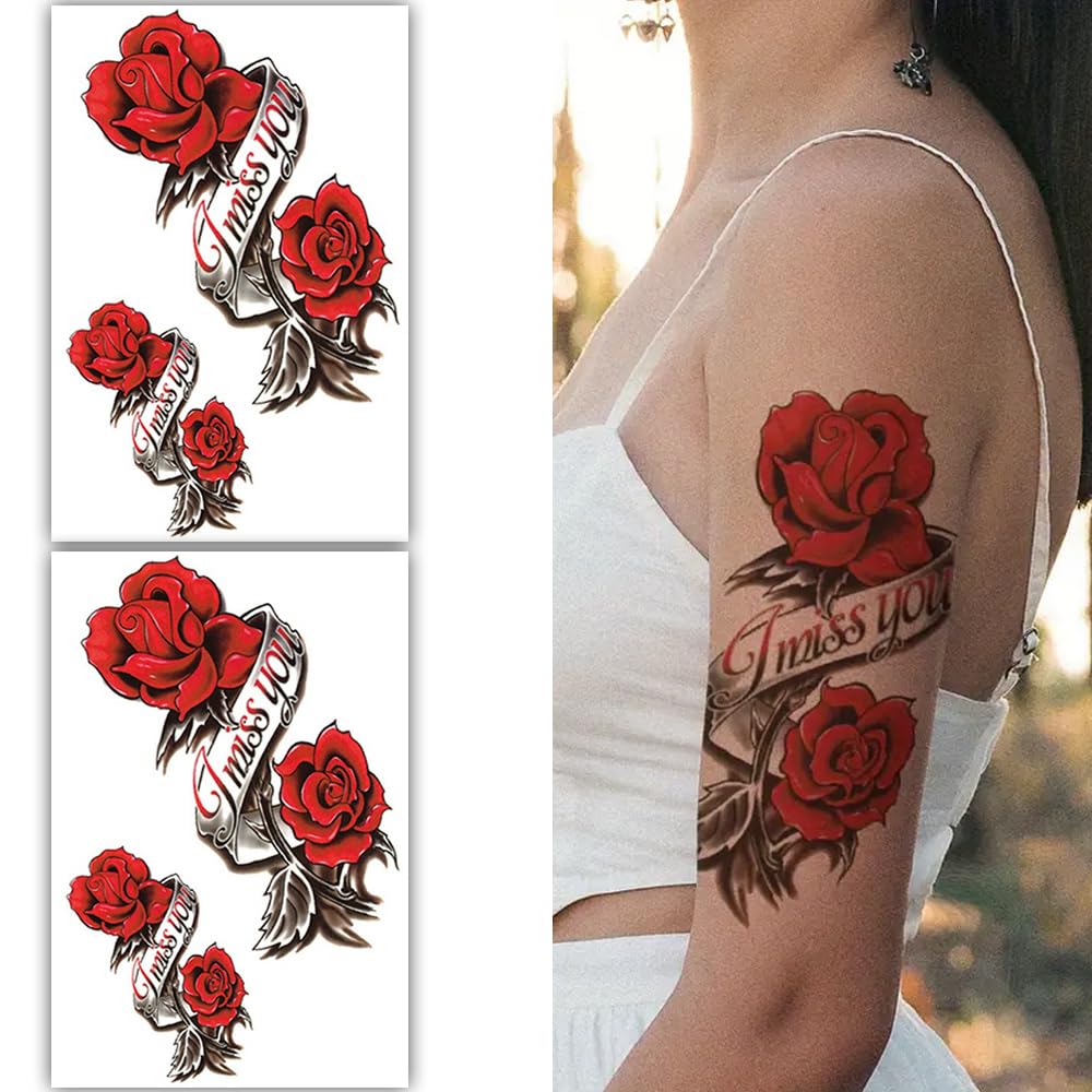 S.A.V.I 2 Sheets Red Rose 'I Miss You' Temporary Tattoo for Women, 19x12 cm, Waterproof, Long-Lasting, Easy to Apply  Remove, Perfect for Arm, Shoulder, Back - Body Art Stickers
