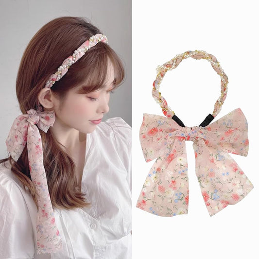 S.A.V.I Floral Pink Designer Hairband for Women & Girls | 59cm Braided Headband with Pearls, Rhinestones & Bow | Stylish Hair Accessory for Ethnic & Western | Soft & Comfortable Fit