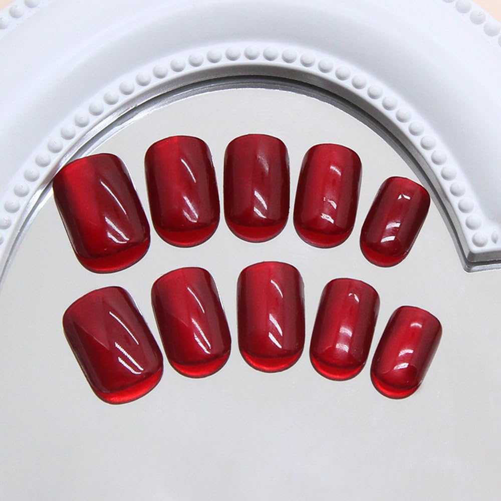S.A.V.I 24 Pcs Short Red Cat’s Eye Glossy Press On Nails – Natural Shape – Reusable Fake Nails with Nail Glue & Adhesive Tabs – DIY Salon-Quality Manicure at Home