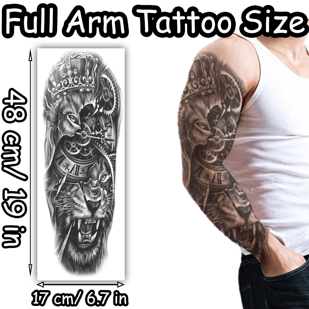 S.A.V.I Full Arm Lion King Temporary Tattoo for Men (48x17cm) – Black Realistic Sleeve Design with Clock & Gears | Waterproof, Long-Lasting, Safe Body Art for Party, Gym, Festive Look