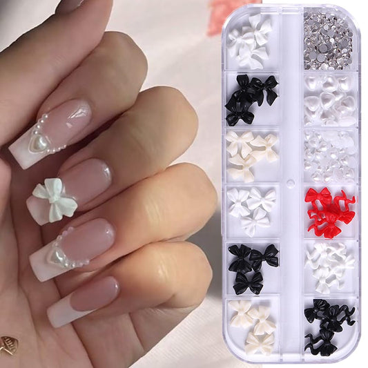 S.A.V.I 3D Nail Art Decoration Set – 27 Pcs Bow Charms, Heart Pearls & Glass Rhinestones | Multicolor Flatback Nail Accessories for DIY Manicure, Bridal & Salon Nail Art Designs
