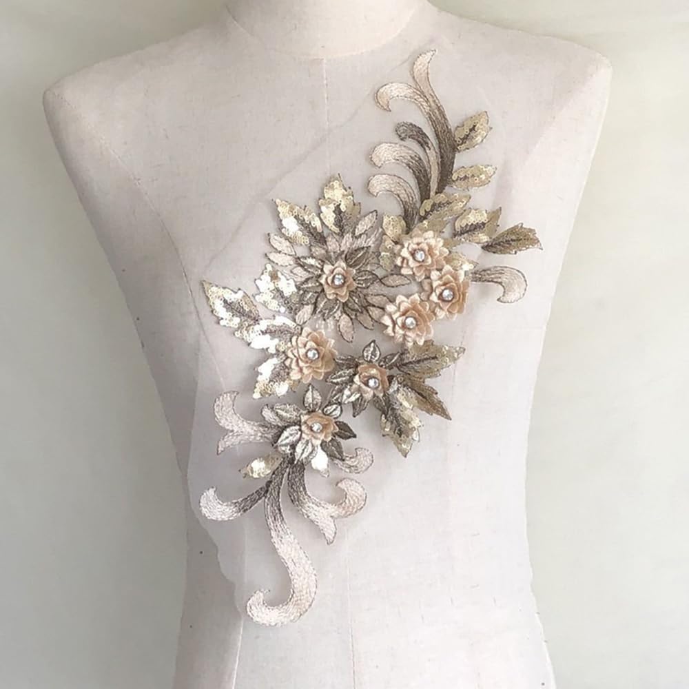 S.A.V.I 1PC Champagne Gold 3D Floral Applique Patch | Embroidered Lace Mesh Fabric with Beads  Sequins | 15.3x7.5 in for Bridal Lehenga, Saree, Blouse, Gown, Dress  DIY Craft Sewing Accessories