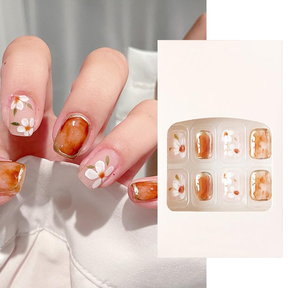 S.A.V.I 24 PCs Floral Press-On Nails - Elegant Short Fake Nail Set for Manicure