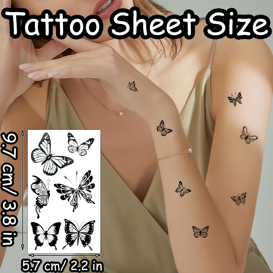 S.A.V.I 30 Pcs Black Butterfly Temporary Tattoos for Women & Girls | Safe Non-Toxic Waterproof Body Art Stickers | 9.7x5.7cm Minimal Design for Wrist, Neck, Shoulder | Easy to Apply & Remove (16)