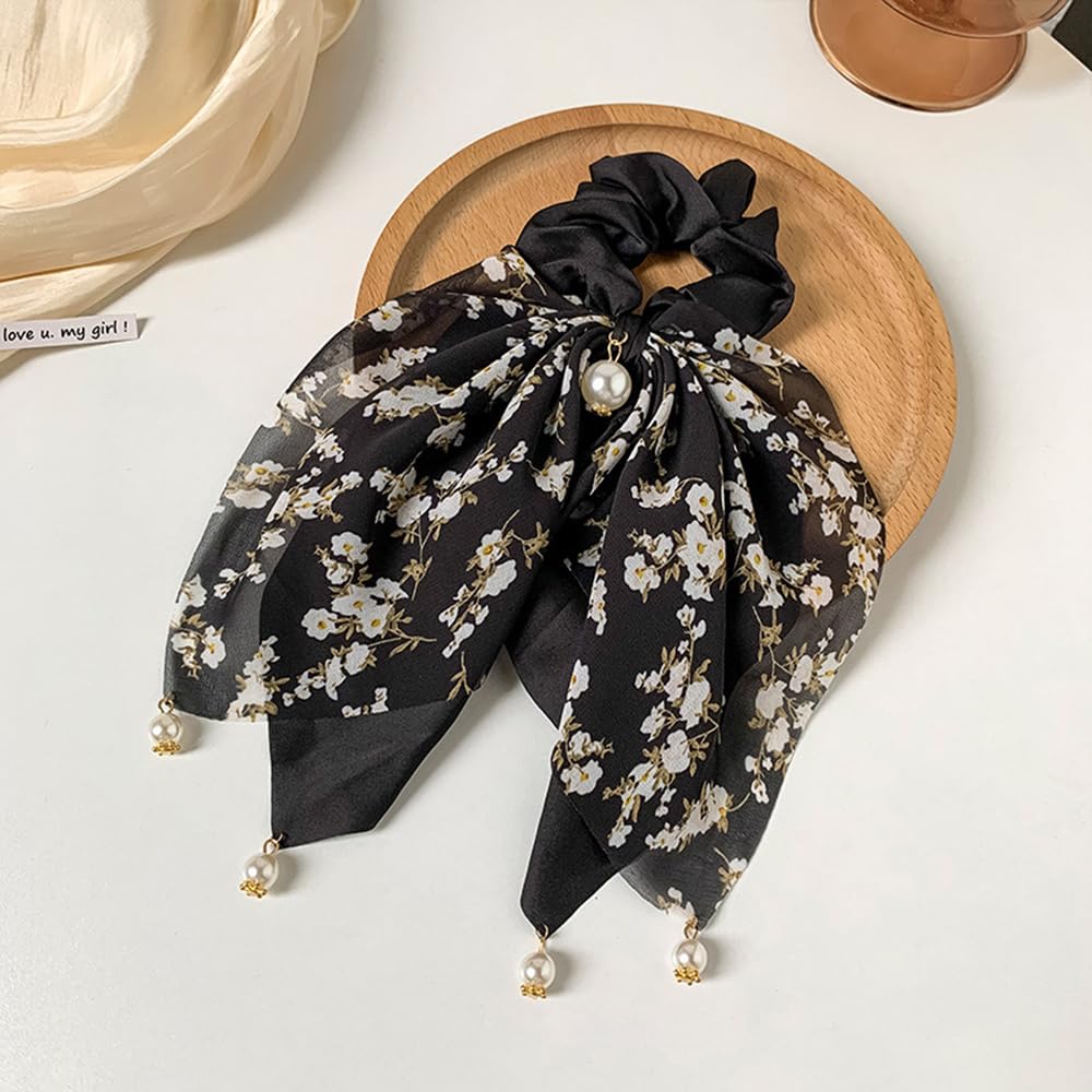 S.A.V.I Black Floral Hair Scrunchie for Women & Girls | Satin & Chiffon Bow with Pearl | Stylish Ponytail Holder | Elegant Rubber Band for Daily, Party & Ethnic | 24x12 cm