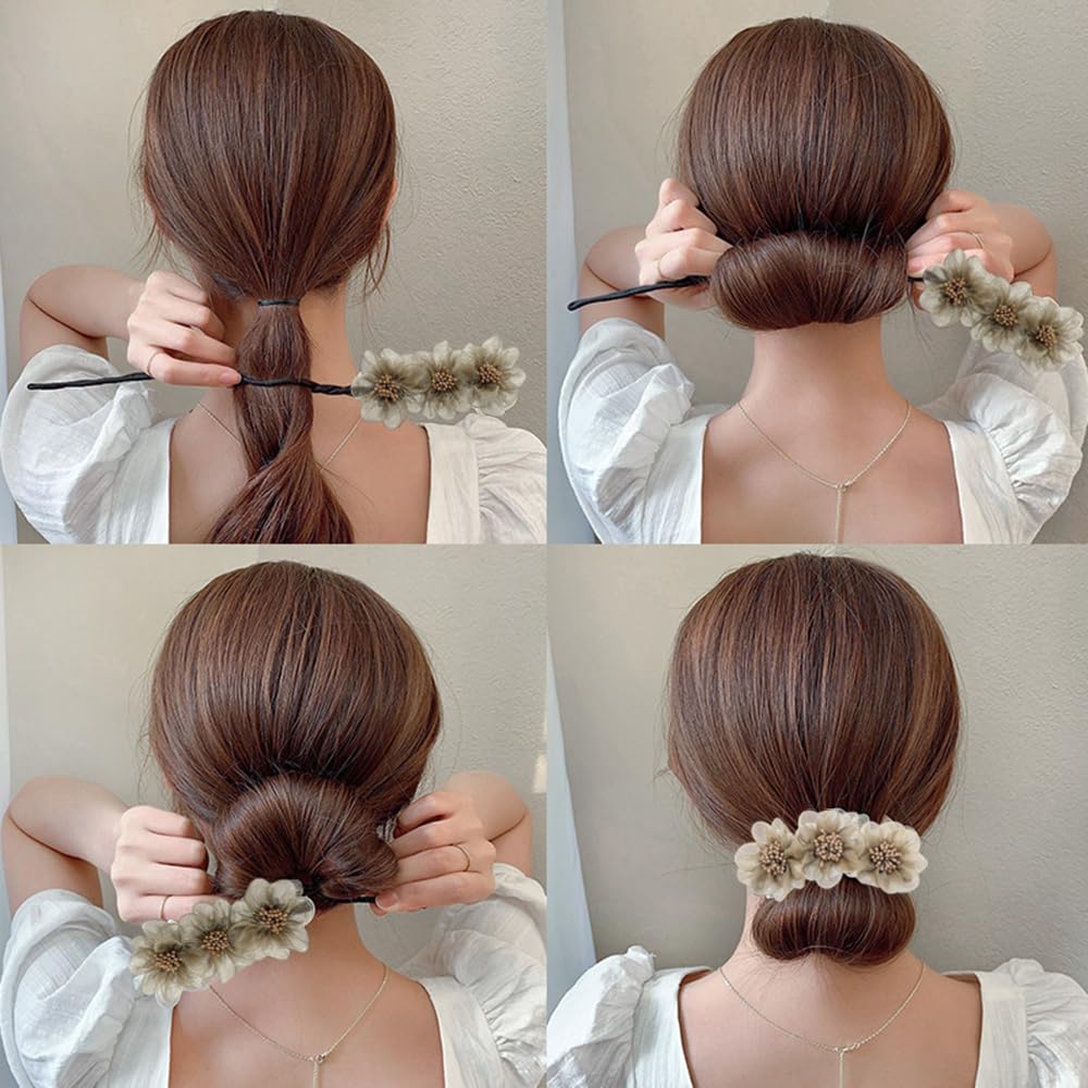 S.A.V.I Gold Floral Net Hair Curler Clip for Women | Soft Bun Maker with Elastic Band | Elegant Flower Design Hair Styling Tool for Long & Medium Hair | Lightweight & Easy to Use