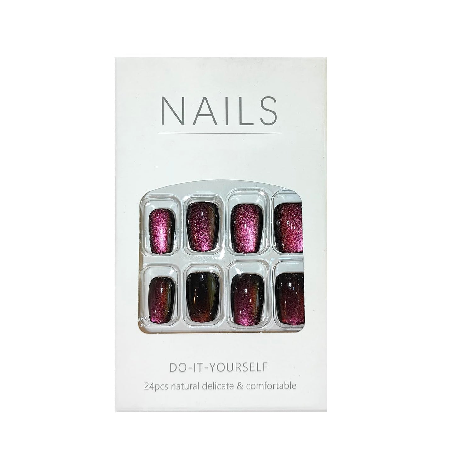 S.A.V.I Cat’s Eye Dark Wine Coffin Shape Press On Nails for Women | 24pcs Medium Length Artificial Nail Tips with Glue & Adhesive Tabs | Glossy Magnetic Effect Fake Nails for DIY Nail Art