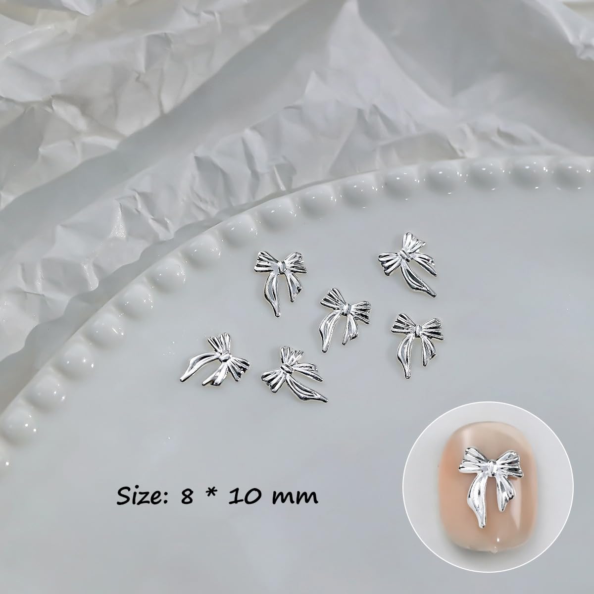 S.A.V.I Silver Alloy Nail Art Charms Set – 7 Designs Bow & Heart Shapes, 8x10mm | 3D Metal Nail Decorations for Women & Girls | Manicure Accessories in Round Storage Box