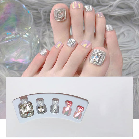 S.A.V.I 24 Pcs 3D Silver Crystal Chrome Toe Nails - Big False Pedicure Press-On Nails, Easy At-Home Application