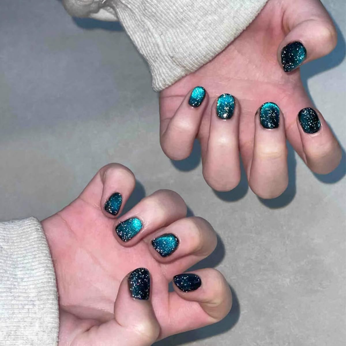 S.A.V.I 24 Pcs Blue Cat’s Eye Press On Nails | Short Natural Shape Fake Acrylic Hand Nails with Glue & Adhesive Tabs | Reusable Nail Art Kit for Women & Girls (Trendy & Easy to Apply)