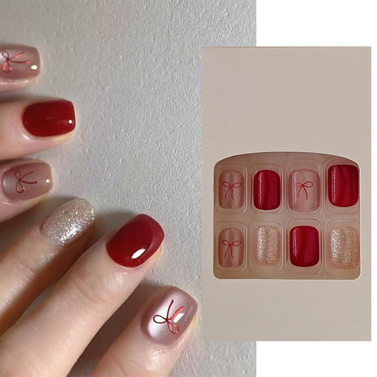 S.A.V.I 24Pcs Short Natural Shape Press-On Nails Red Nude Glitter Bow Design | Reusable DIY Nail Art with Glue & Adhesive Tabs | Trendy Fake Nails for Women & Girls