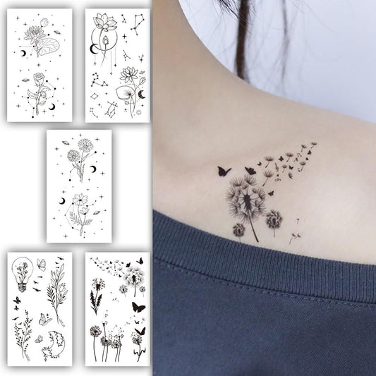 S.A.V.I 5PCS Temporary Tattoo Stickers - Waterproof, Nature-Inspired Designs with Floral, Fauna, Celestial Motifs, 10.5x6cm for Women  Girls