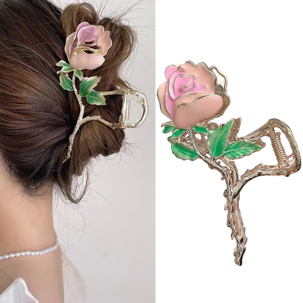 S.A.V.I Gold Rose Hair Claw Clip for Women & Girls | Pink Enamel Flower Clutcher with Green Leaves | 11x5 cm Metal Hair Accessory for Party, Wedding, Daily | Stylish Floral Design