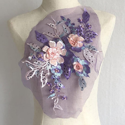 S.A.V.I 3D Floral Lace Applique Patch – Handcrafted Beaded  Sequined Embroidery (14.5x9 in) for Bridal Wear, Sarees, Lehengas, Gowns, Blouses  DIY Craft Sewing – 1PC Elegant Fabric Patch (Purple)