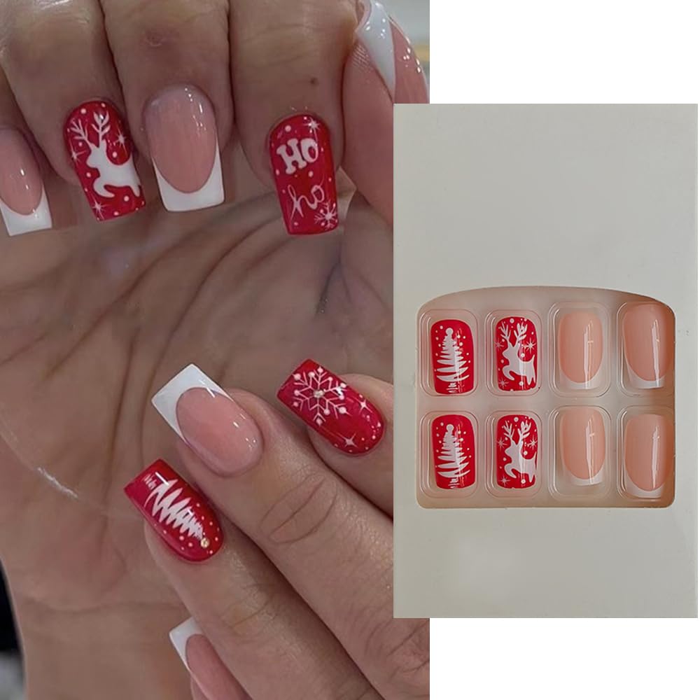 S.A.V.I 24 PCs Long Square Christmas Nail Art – Red  White Santa  Festive Tree Design | DIY French Manicure Fake Nails | Natural-Look Extensions for Christmas  New Year Party Glam