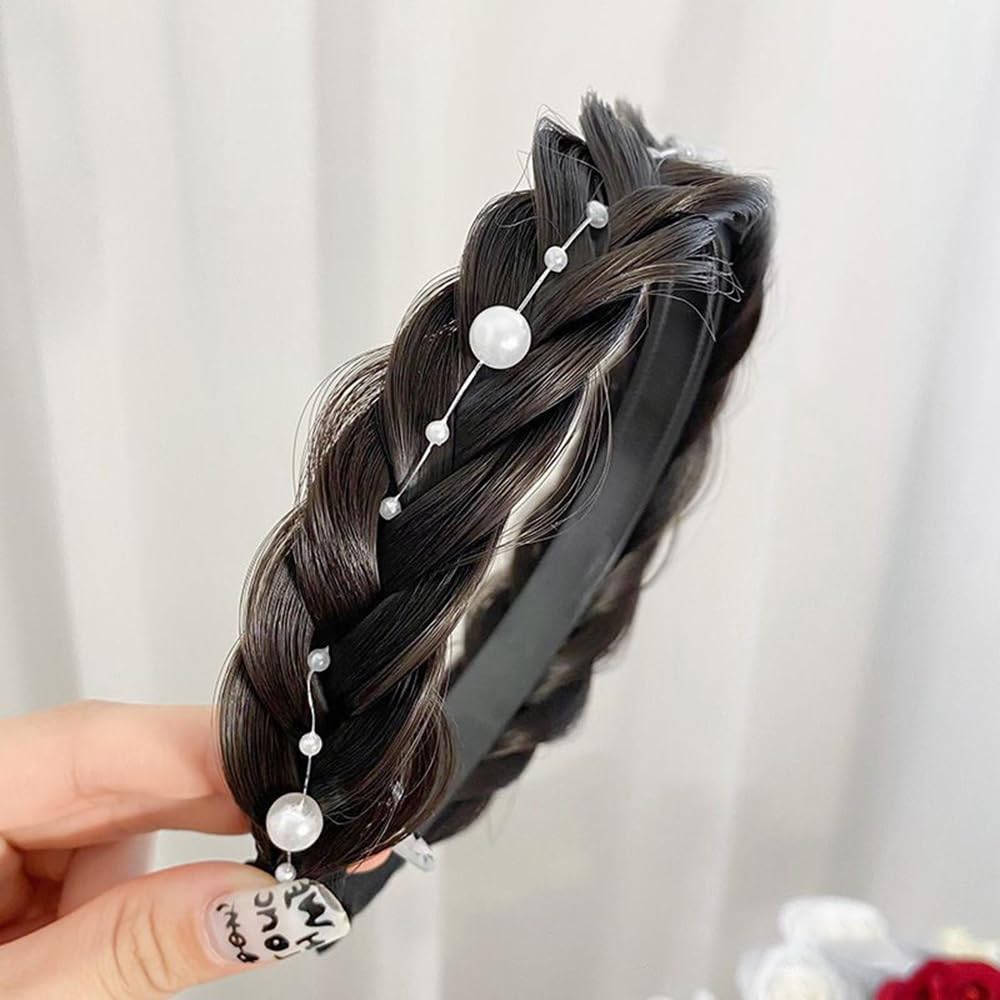 S.A.V.I Natural Black Braided Hairband for Women & Girls | Faux Hair Braid Headband with Pearls | Stylish Hair Accessory for Party, Wedding, Daily | 13x15 cm Elegant Look