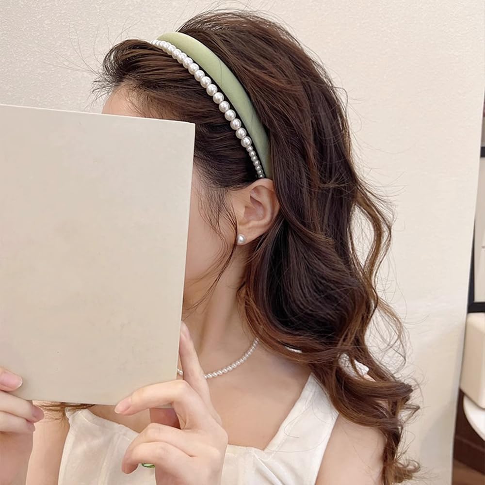 S.A.V.I Women’s Green Satin Hairband with Pearls | Stylish Double Layered Padded Headband for Girls | Trendy & Comfortable Hair Accessory for Daily, Weddings, Parties & Gifting