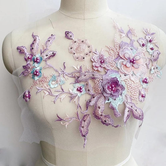 S.A.V.I 3D Floral Embroidered Applique Patch | Purple, Lavender  Mint Green Mesh Lace | 36x25 cm | DIY Bridal, Ethnic Wear, Lehenga, Saree, Blouse, Gown  Craft Sewing | Lace Fabric Decoration Accessory