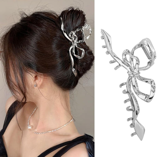 S.A.V.I 1pc. Silver Metal Bow Hair Clip for Women | Stylish Hair Clutch Accessory | Elegant  Durable Hair Claw for Buns  Ponytails | Lightweight Design | Party Looks  Trendy Hair Accessories for Girls
