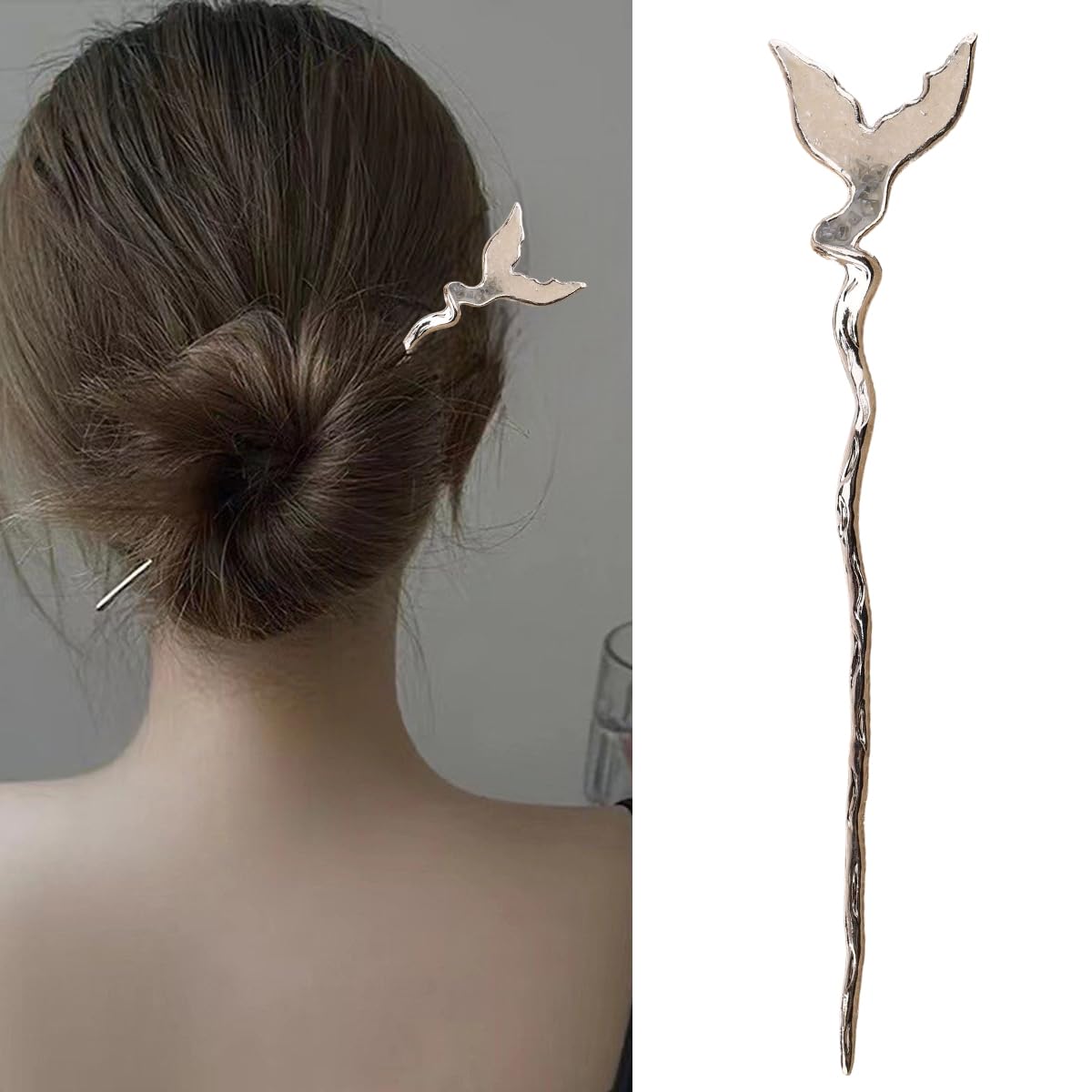 S.A.V.I Silver Mermaid Tail Hair Stick for Women & Girls | 16cm Metal Bun Pin Hair Accessory | Elegant Hair Stick for Stylish Bun, Party & Daily – Unique Mermaid Tail Design