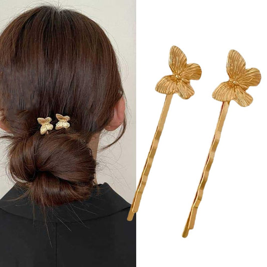 S.A.V.I 1 Pair Golden Butterfly Hair Pins for Women & Girls | Stylish Metal Bobby Pins | Trendy Gold Finish Hair Clips for Bun, Party & Wedding Hairstyles | Elegant Hair Accessories
