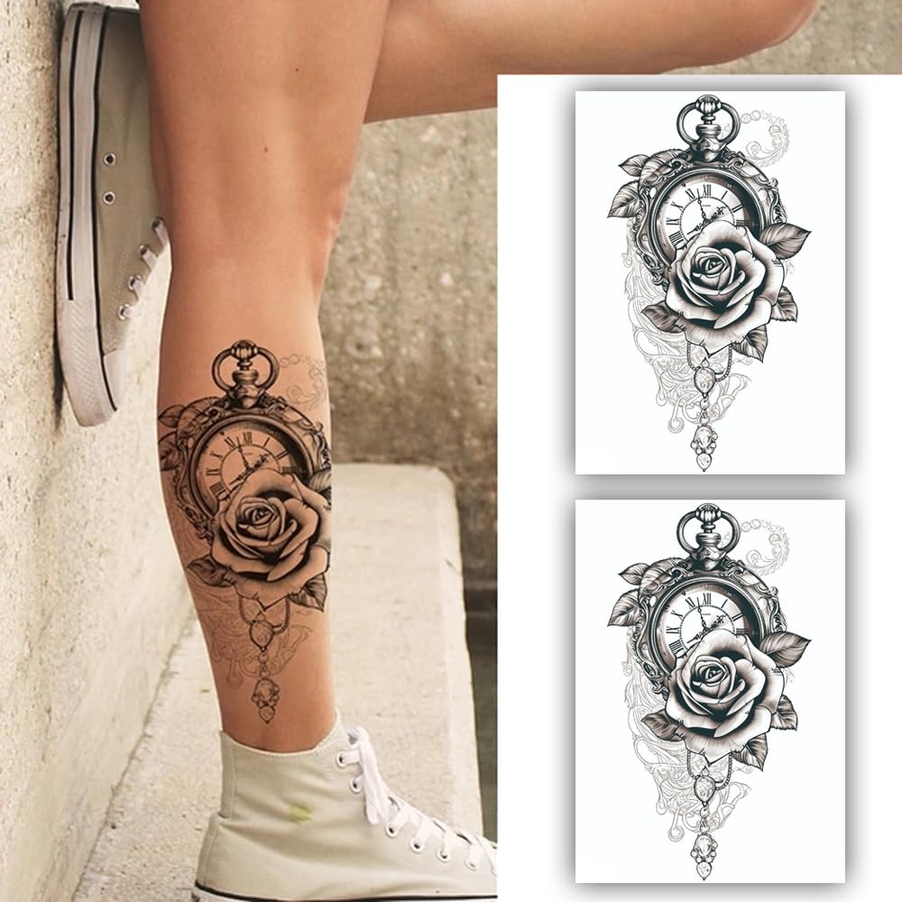 S.A.V.I 2PCS Vintage Pocket Watch Tattoo Stickers - 22x15cm Artistic Rose  Jewel Design for Men  Women
